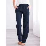 Women Cotton Linen Drawstring Pants Elastic Waist Casual Solid Color Trousers Baggy Loose Straight Leg Breathable Sweatpants - Image 5