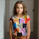 Girl Clothes Summer Cartoon Cat Graphic Children’s Clothing Kids Art Doodling Short Sleeve T Shirt Causal O-Neck Children Top