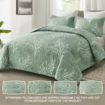 Queen Size Sage Green Quilt Set with Botanical Pattern, 3-Piece Microfiber Bedding for All Seasons