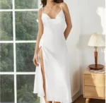 Solid Silk Satin Slip Nightdress, Draped Collar Split Backless Sleep Dress, Nightgown Women’s Sleepwear & Dresses