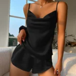 Solid Satin Pajama Set V Neck Cami Top Elastic Waistband Shorts Women's Sleepwear Loungewear - Image 3