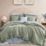 Queen Comforter Set - 7 Pieces Ruffle Sage Green Bedding, Shabby Chic Farmhouse Style with Floral Sheets & Pillowcases