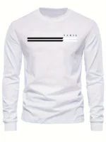Men's 100% pure cotton summer loose comfortable casual  PARIS print large round neck long sleeve T-shirt top - Image 2