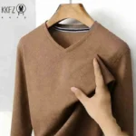 Men's Camel V-neck Long Sleeve Tee Slim Fit Soft Knit Pullover Spring & Autumn Shirt - Image 2