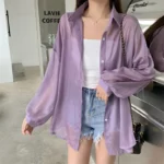 Semi Sheer Long Sleeve Shirt for Women Shimmer Button Down Collared Plain Lightweight