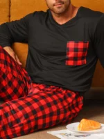 Two piece sets men’s pajamas autumn and winter long sleeved pants checkered sleepwear set