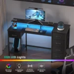 47 Inch Gaming Desk with Power Outlets, LED Lights & 5 Fabric Drawers, Reversible Home Office Desk for Work and Study