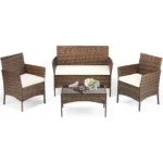 JHK 4 Piece Outdoor Patio Furniture Set with Soft Cushion and Glass Table Manual Weaving Wicker Rattan Patio Chairs For Garden - Image 7