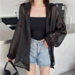 Semi Sheer Long Sleeve Shirt for Women Shimmer Button Down Collared Plain Lightweight