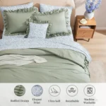 Queen Comforter Set – 7 Pieces Ruffle Sage Green Bedding, Shabby Chic Farmhouse Style with Floral Sheets & Pillowcases