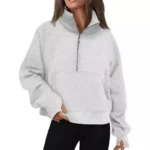 New Women's Spring Autumn Winter Stand Collar Plus Fleece Solid Color Hoodie Long Sleeve Pocket Loose Half Zip Pullover Hoodie - Image 11