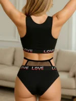 Women’s Black LOVE Print Lingerie Set – Cutout Racerback Bralette & Mesh High Waist Panty, 2 Piece Underwear