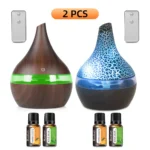 2 PCS 300ml Wood Grain Ultrasonic Humidifier & Essential Oil Diffuser Set with 7 Color LED Lights, Auto Shut-Off + 4 Aromatherap - Image 10