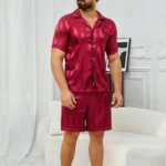 Men's Satin Stripe Print Design Short Sleeve Pajama Set Soft Comfortable Sleepwear for Summer Lightweight Homewear Lougewear - Image 4