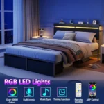 Queen Size Bed with Wooden Slat Support, Black Platform Design, Storage Drawers, Built-in Charging Station, LED Lighting, Metal - Image 6