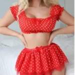 Women’s Erotic  Short Skirt with Garter Straps Sexy Lingerie Women Sexy Polka Dot Off Shoulder Puffy Skirt Polka  Exotic Set