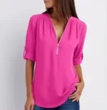 Women Cool Loose Shirt Deep V Neck Chiffon Fashion Blouse Casual Ladies Tops Sexy Zipper Pullover Plus Size