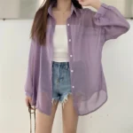 Semi Sheer Long Sleeve Shirt for Women Shimmer Button Down Collared Plain Lightweight