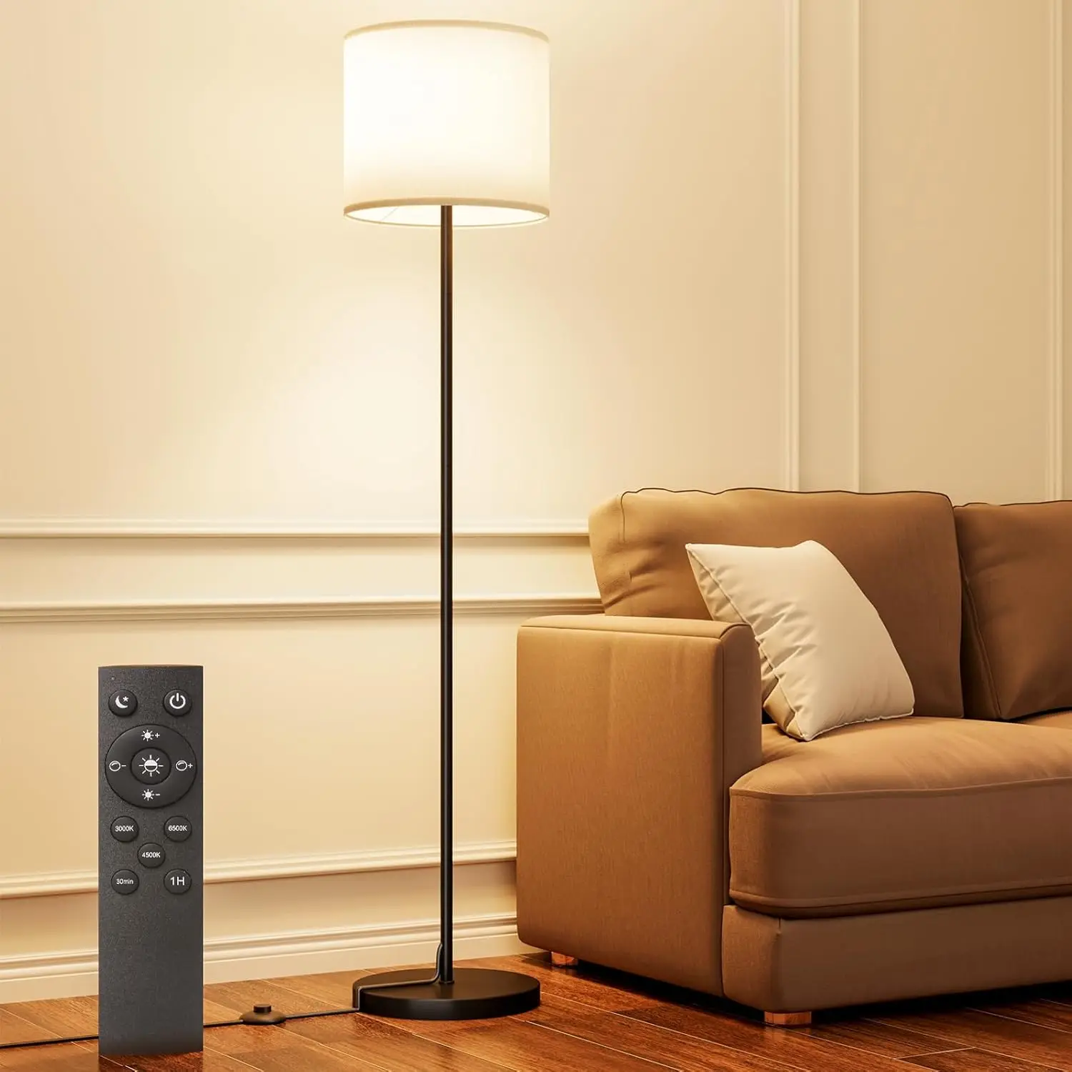 Sb51deadccc48420c8fb9024e5022297aO.webp Dimmable Floor Lamp with Remote, Adjustable Color Temperature, Linen Shade for Living Room Office Bedroom - Image 1