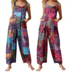 Captivating New Women Summer Overalls, Multicolor Ethnic Style Square Neck Sleeveless Casual Jumpsuit with Pockets for Girls