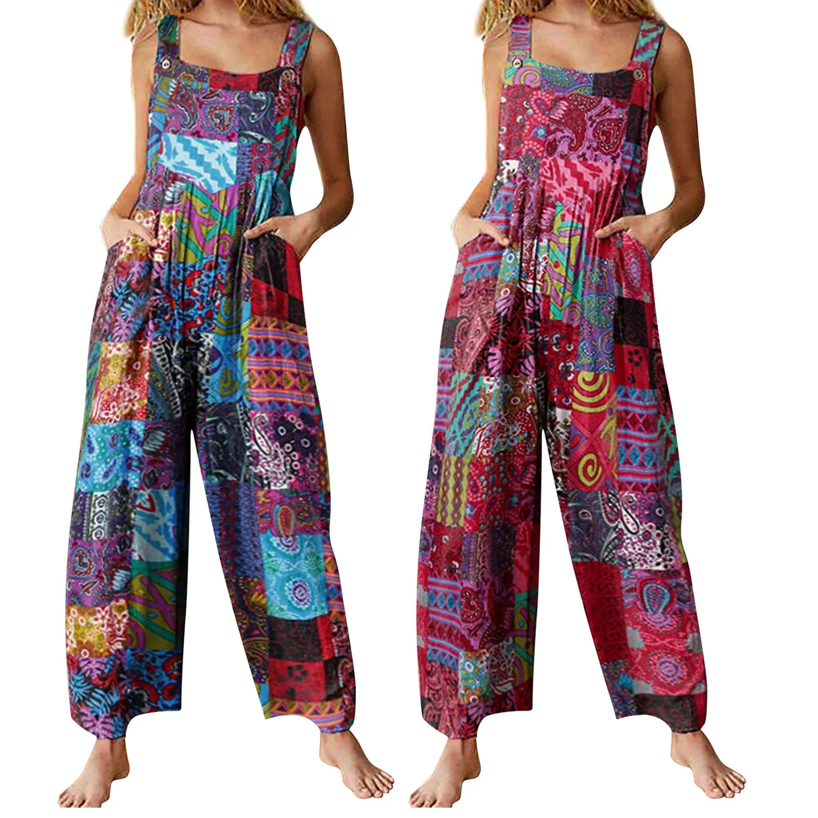 Sb5e07d9569d84b6c941678d9b5edd1d90.webp Captivating New Women Summer Overalls, Multicolor Ethnic Style Square Neck Sleeveless Casual Jumpsuit with Pockets for Girls - Image 1