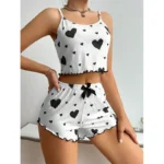 Women’s Pajamas Set Sleepwear 2 PCS Short Tank Tops And Shorts S M L White Ventilate Soft Casual Love Printing