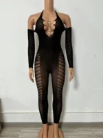 Mesh Jumpsuit For Women Sexy Club,Rhinestone Deep V One Piece - Image 5