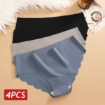 Ice Silk Seamless Panties 4PCS/Set Women’s Briefs Solid Color Elastic Underwear Female Ultra Thin No Trace Wavy Side Panties