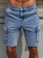 Men's summer blue regular denim shorts. Multi-pocket design. Stylish and casual. - Image 7