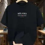 Men’s 100% pure cotton fashionable casual loose Italian style Milan letter printed round neck short sleeved T-shirt top