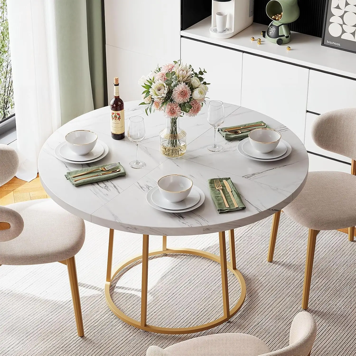 Sb87450ea7ef34c269007ed5df47fb0ecT.webp 47.24 Inch Round Dining Table Kitchen Table for 4 People Wooden Marble Pattern Dinner Room Table with Gold Base for Home office
