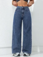 Retro Loose Wide Leg Jeans Fashion Women Solid Straight Wash High Elastic Waist Denim Pants