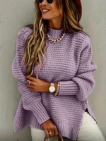 Chunky Knit Oversized Sweater With Side Slit And Mock Neck For Women