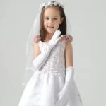 1 Pair Little Girls Long Princess Costume Glove White Dress Up Beading Glove for Kids Party Wedding Birthday