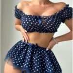 Women’s Erotic  Short Skirt with Garter Straps Sexy Lingerie Women Sexy Polka Dot Off Shoulder Puffy Skirt Polka  Exotic Set