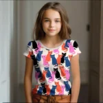 Girl Clothes Summer Cartoon Cat Graphic Children’s Clothing Kids Art Doodling Short Sleeve T Shirt Causal O-Neck Children Top