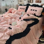 Korean Princess Style Kawaii Girl Black Bow Bedding Set Skin-friendly Soft Duvet Cover Set Bed Sheet Or Bed Skirt Pillowcases - Image 7