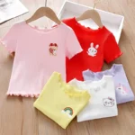 Girls Embroidered Short Sleeve T-Shirt Ice Silk Summer Top with Ruffle Trim Stretchy Soft for Toddler Baby 1-6 Years - Image 2