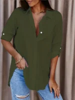 Solid Button Front Shirt  Casual Turn Down Collar Office Work Shirt  Women's Clothing - Image 2