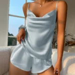 Solid Satin Pajama Set V Neck Cami Top Elastic Waistband Shorts Women's Sleepwear Loungewear - Image 4