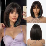ALAN EATON Short Ombre Brown Synthetic Natural Bob Straight Wigs with Bang for Women Party Daily Use Heat Resistant Fiber - Image 8