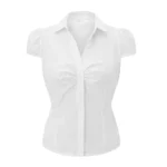 Women Summer Kawaii Solid Shirring Button Up Turn Down Collar Short Sleeve
