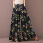 Floral Print Wide Leg Women Pants Spring Drawstring Bohemia Trousers
