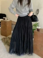Elegant Pleated Skirt for Women with Elastic Waist Slim Fit A-Line Long Design - Image 9