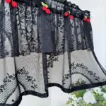 White Lace Short Kitchen Curtain Rod Pocket Sheer Voile Cherry Design Double Layer Half Curtains Living Room Door Window Decor
