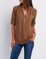 Women Cool Loose Shirt Deep V Neck Chiffon Fashion Blouse Casual Ladies Tops Sexy Zipper Pullover Plus Size