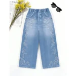 2026Children's Artificial Sequined Printed Artificial Jeans Children's Fashionable Wide-Leg Pants - Image 3