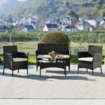 JHK 4 Piece Outdoor Patio Furniture Set with Soft Cushion and Glass Table Manual Weaving Wicker Rattan Patio Chairs For Garden