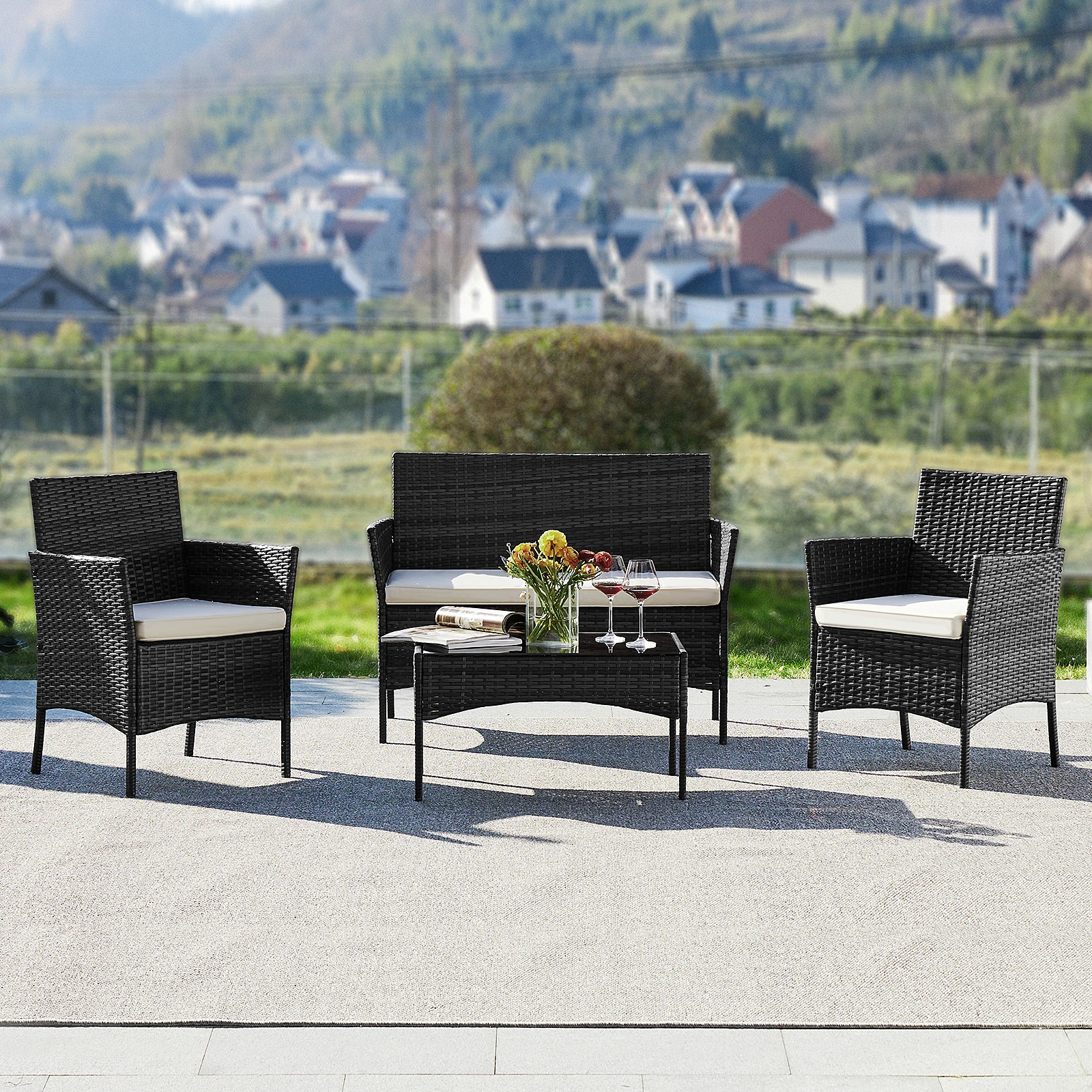 Sc3d4c5e100014a3ba74d832e6b184c8aS.webp JHK 4 Piece Outdoor Patio Furniture Set with Soft Cushion and Glass Table Manual Weaving Wicker Rattan Patio Chairs For Garden - Image 1