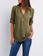 Women Cool Loose Shirt Deep V Neck Chiffon Fashion Blouse Casual Ladies Tops Sexy Zipper Pullover Plus Size